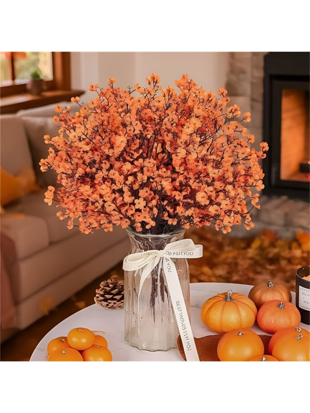 10Pcs Fake Fall Flowers Orange Baby Breath Artificial Flowers Real Silk